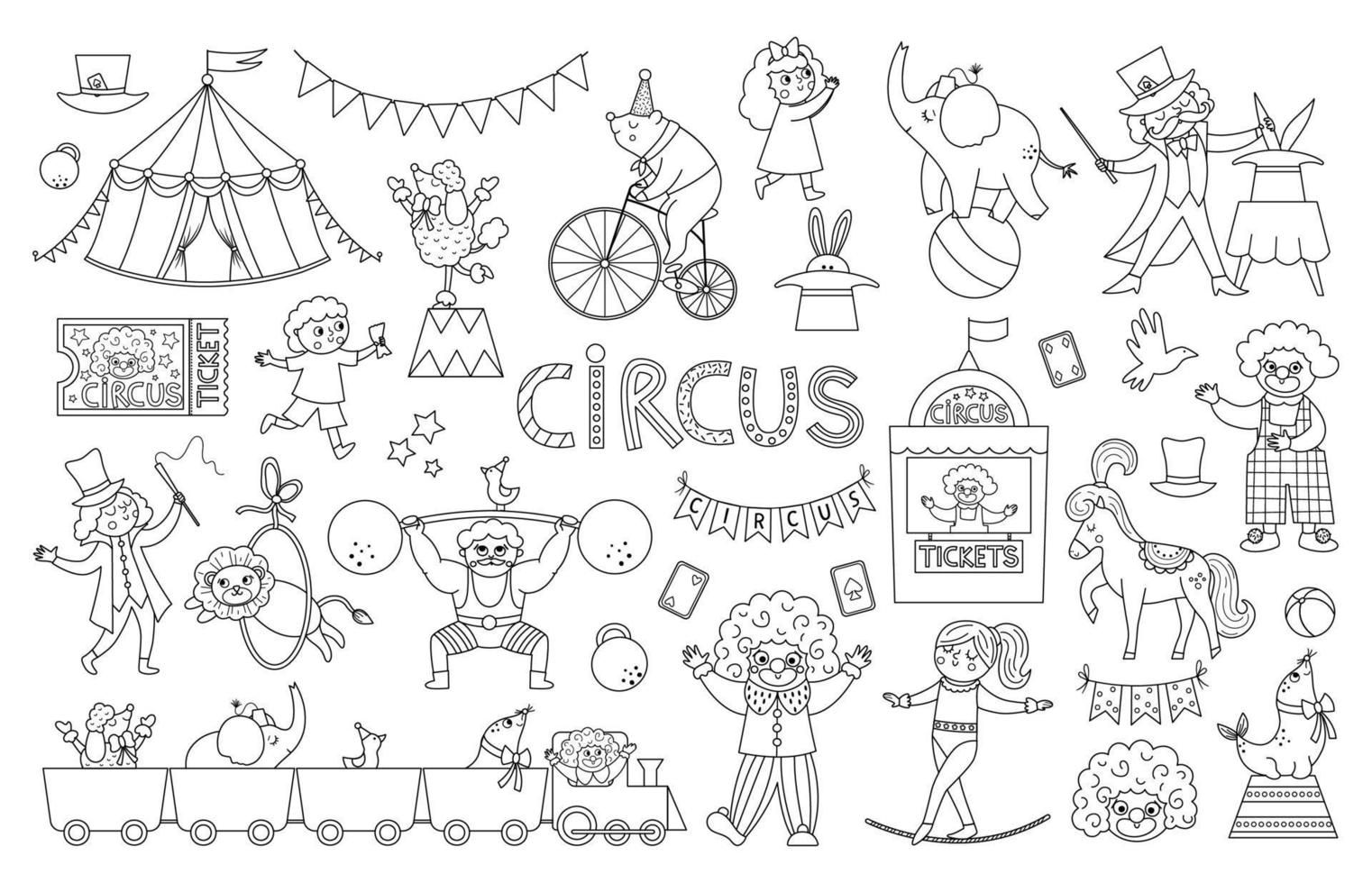 Big black and white vector circus set. Street show animals, tent, artist collection. Amusement holiday line icons pack. Bear on bike, clown, gymnast, athlete, magician coloring page