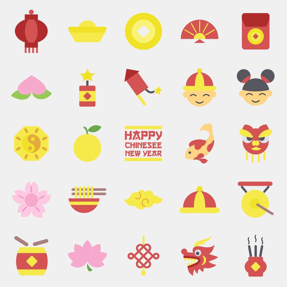 conjunto de iconos de elementos de celebración del año nuevo chino. iconos de estilo plano. bueno para impresiones, carteles, logotipos, decoración de fiestas, tarjetas de felicitación, etc. vector