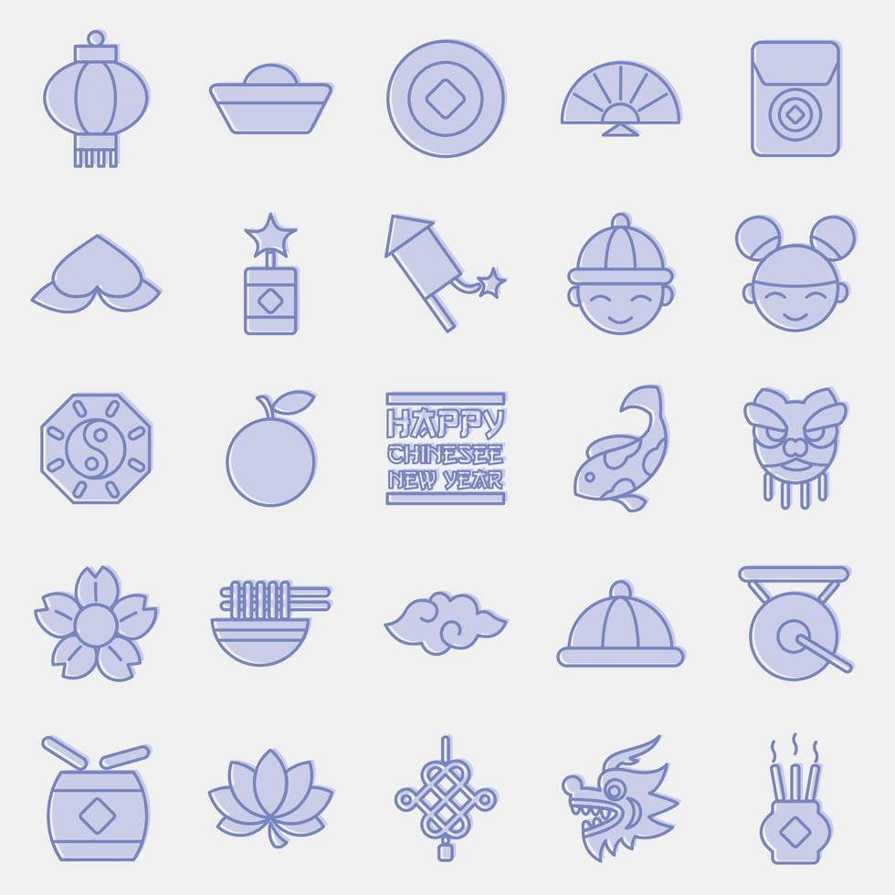 conjunto de iconos de elementos de celebración del año nuevo chino. iconos en estilo de dos tonos. bueno para impresiones, carteles, logotipos, decoración de fiestas, tarjetas de felicitación, etc. vector