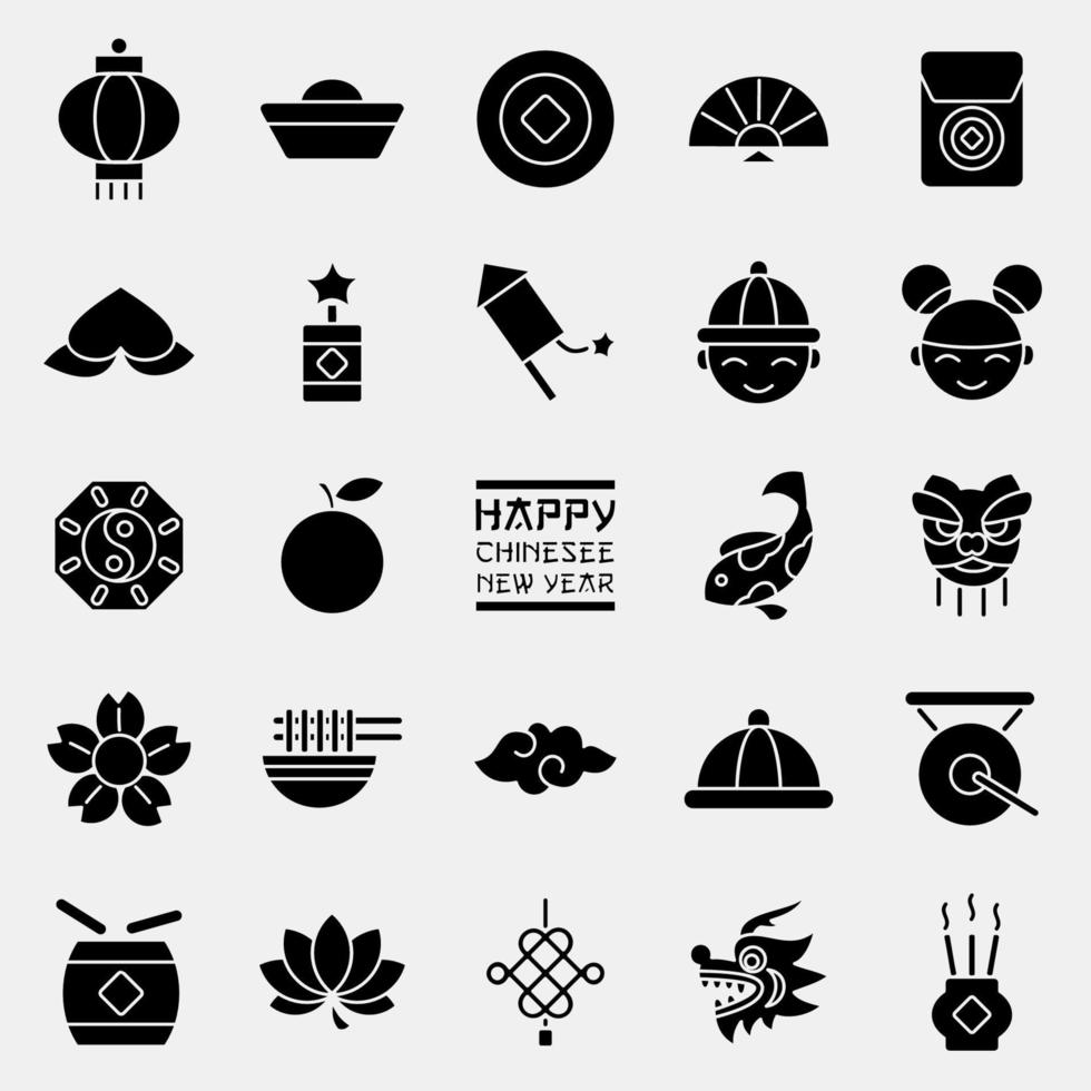 conjunto de iconos de elementos de celebración del año nuevo chino. iconos en estilo glifo. bueno para impresiones, carteles, logotipos, decoración de fiestas, tarjetas de felicitación, etc. vector