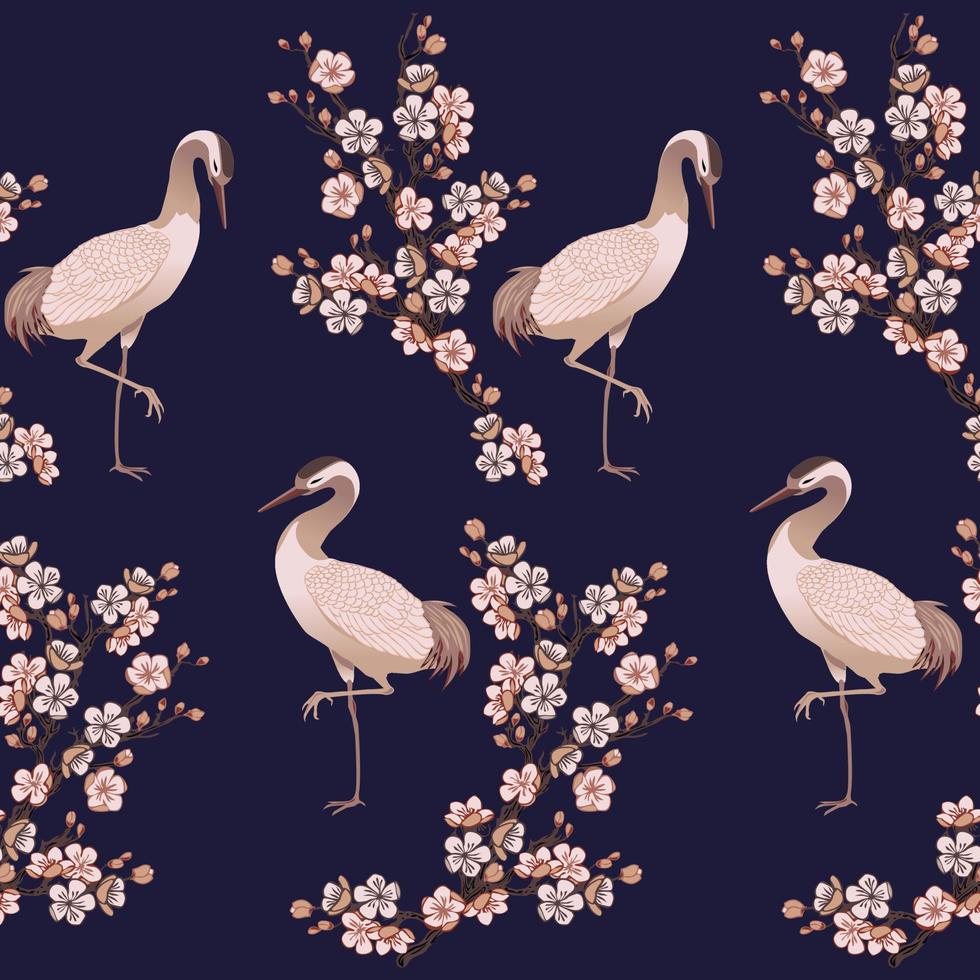 heron bird and japanese cherry vector illustration, blue background pattern seamless
