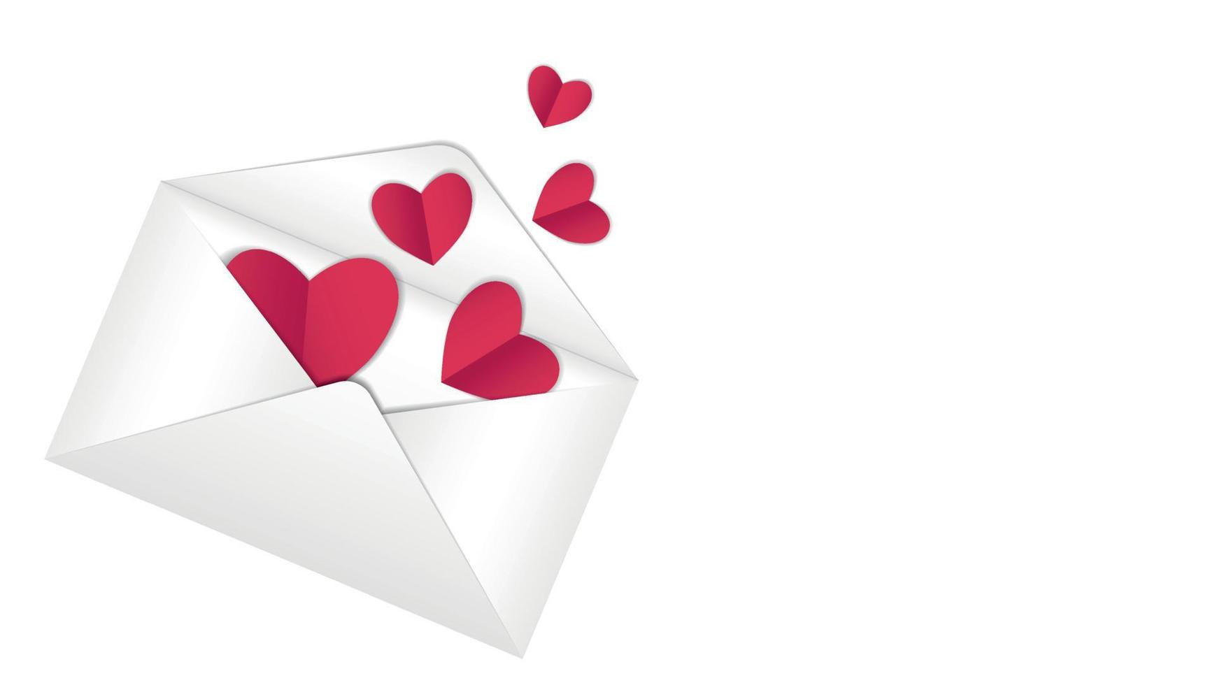Red paper hearts in an envelope, valentine for valentines day. Simple minimalist banner with space for text, copy space. on a white background vector