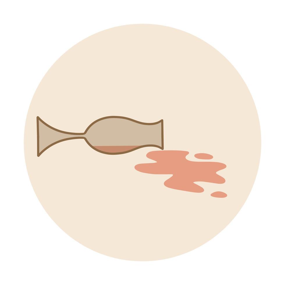 Overturned transparent glass with a spilled drink. Spilled wine. Cartoon flat illustration. vector