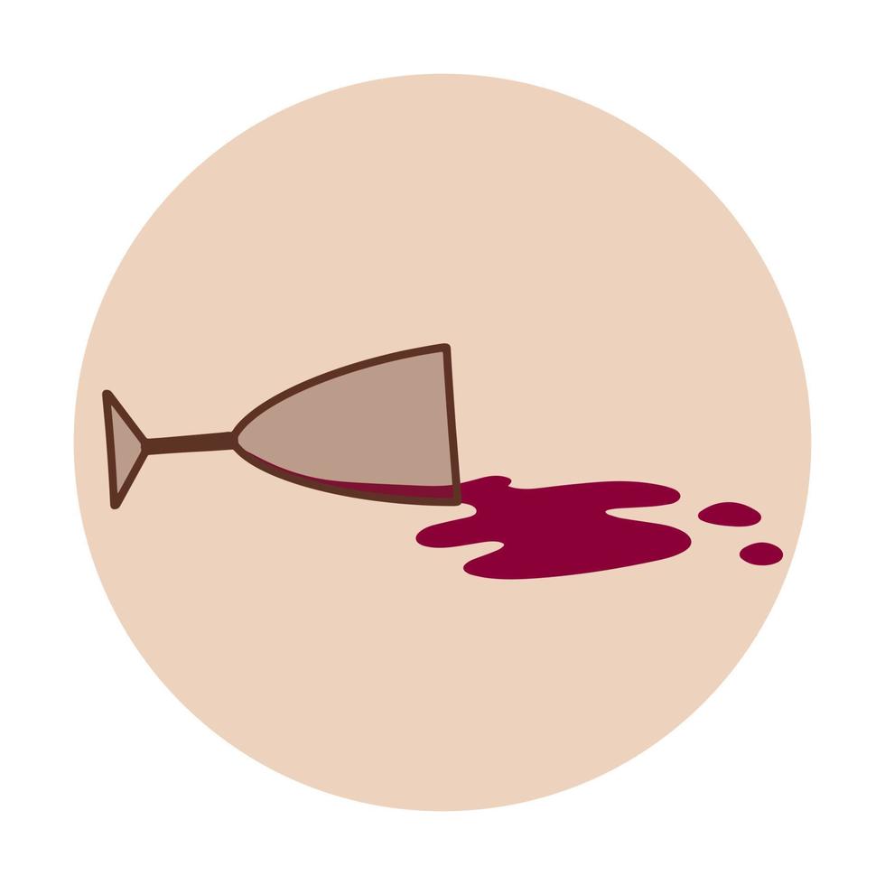 Overturned transparent glass with a spilled drink. Spilled wine. Cartoon flat illustration. vector