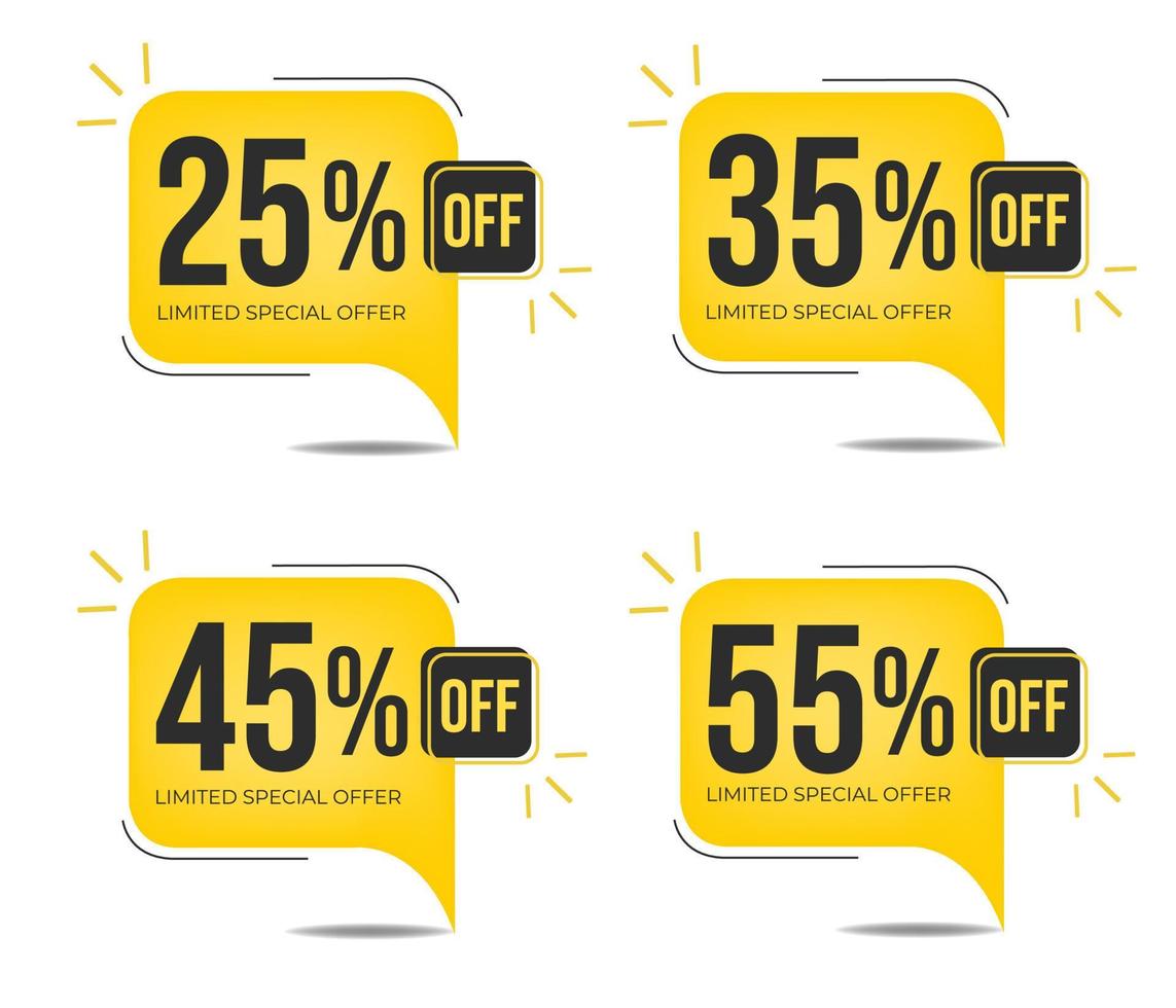 25 off, 35 off, 45 off and 55 off. Set of tag discounts. Banner with four yellow balloons with special offers vector. vector