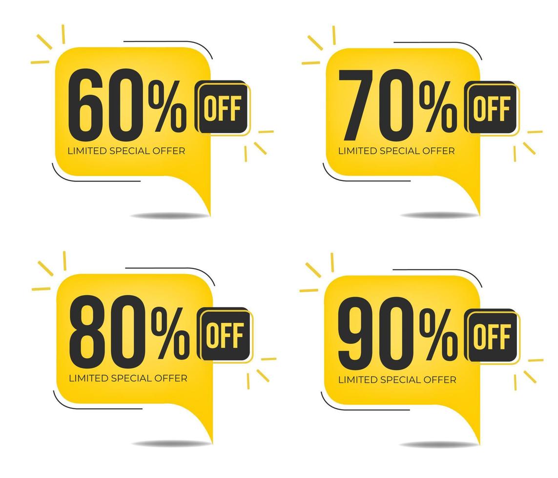 60 off, 70 off, 80 off and 90 off. Set of tag discounts. Banner with four yellow square balloons with special offers vector. vector