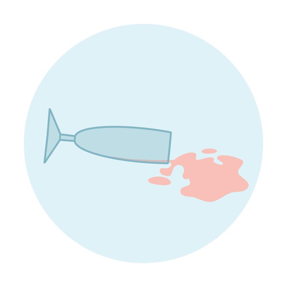 Overturned transparent glass with a spilled drink. Spilled wine. Cartoon flat illustration. vector