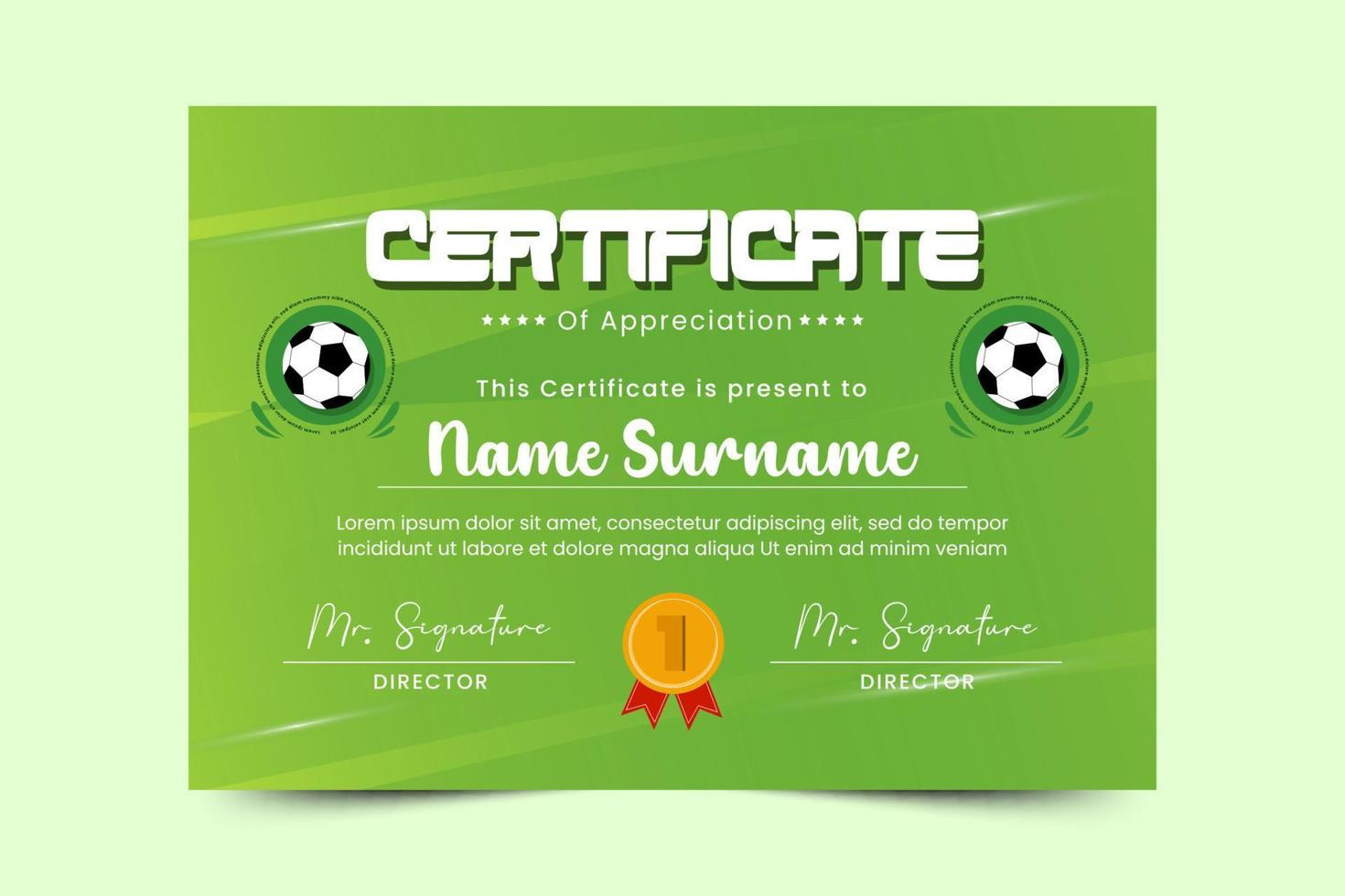 Football tournament, sport event certificate design template. Field and ball feel design with a cool look vector