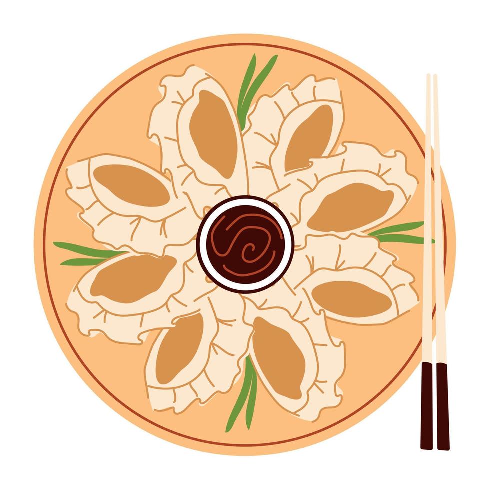 Chinese fried jiaozi dumplings top view vector