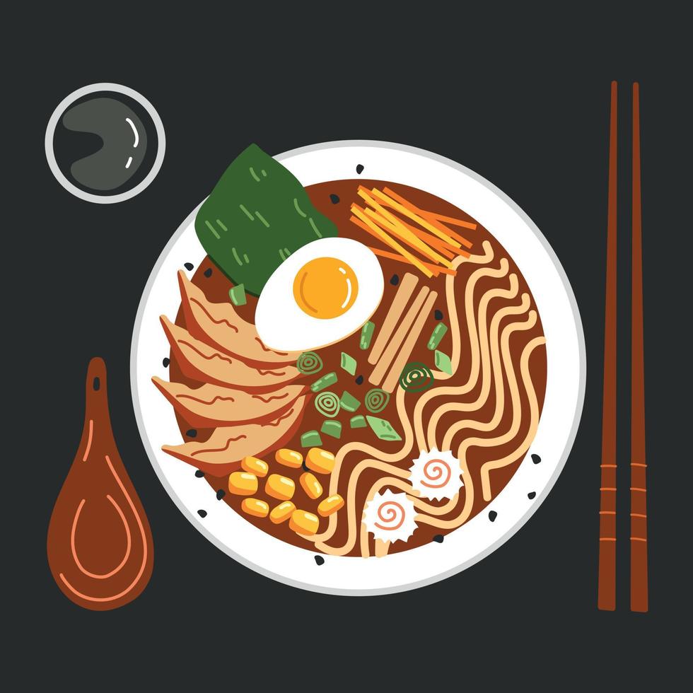 Ramen noodle soup with vegetables and meat vector