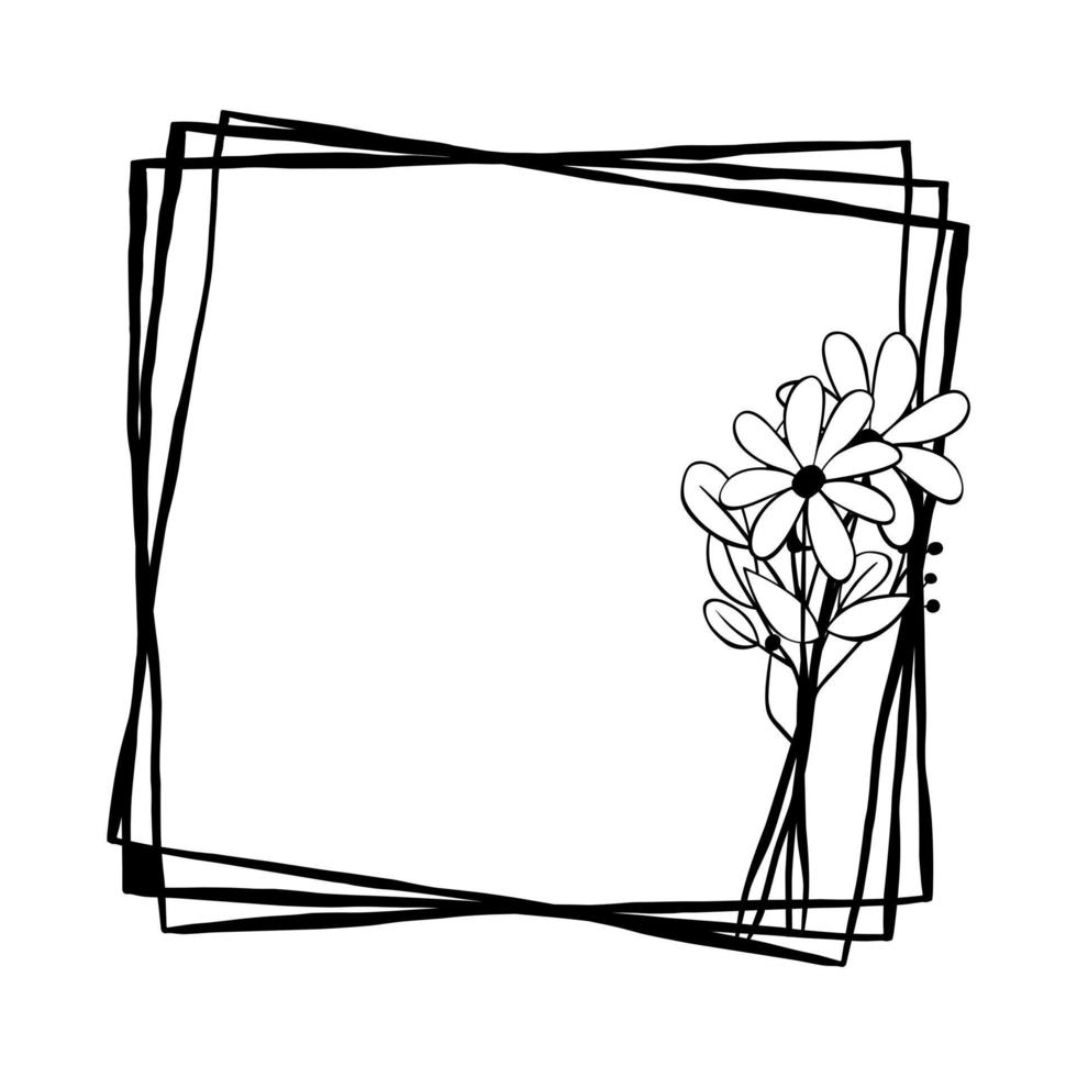 Black line two flowers on triple square frame. Vector illustration for
