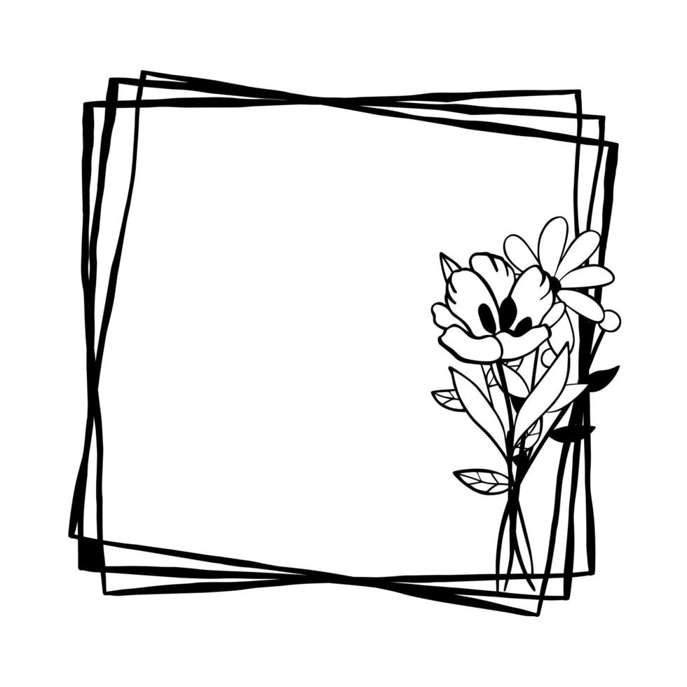 Black line two flowers on triple square frame. Vector illustration for decorate logo, greeting cards and any design.