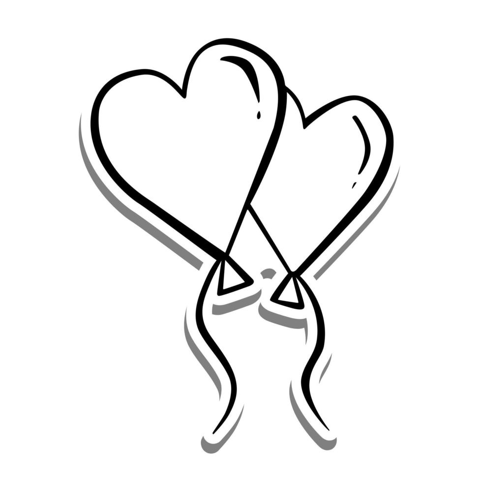 Monochrome Hearts Balloon Couple on white silhouette and gray shadow. Vector illustration for decoration or any design.