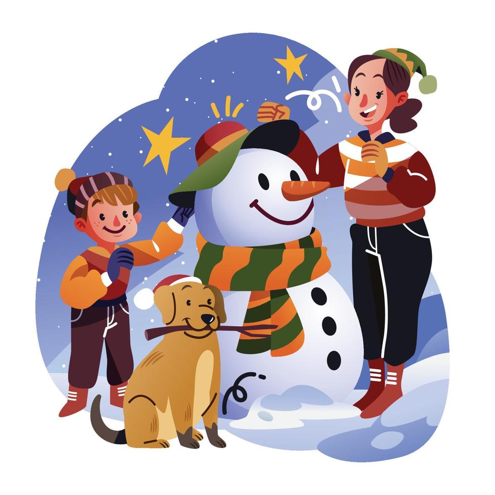 Brother And Sister With Their Dog Are Making a Snowman vector