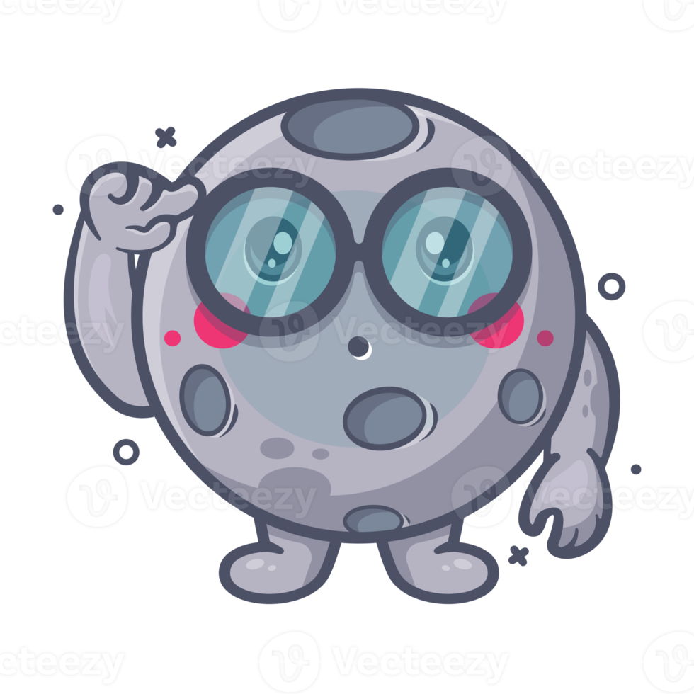 genius moon character mascot with think expression isolated cartoon in flat style design png