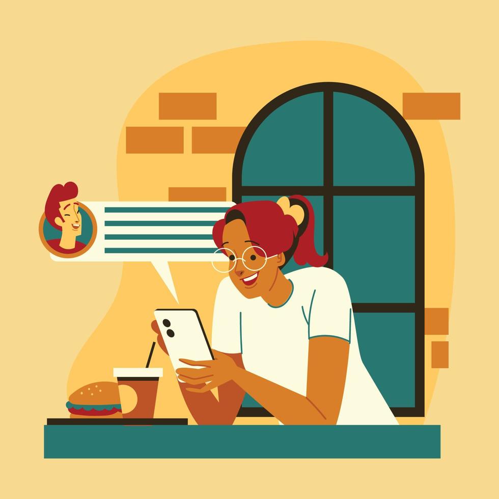 Happy Girl While Sending Messages by Her Smartphone vector