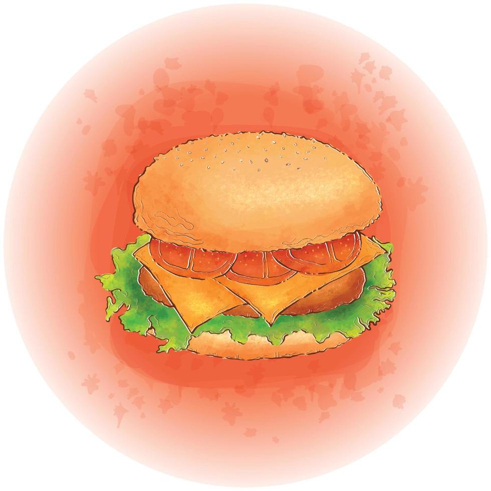 Watercolor Hamburger with Meat, Cheese, Lettuce and Tomatoes Graphics 01 vector