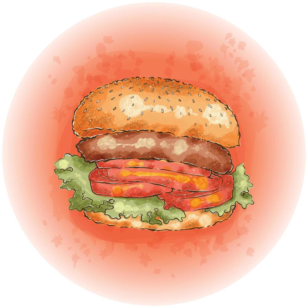 hamburguesa acuarela con gráficos de carne, queso, lechuga y tomates 05 vector