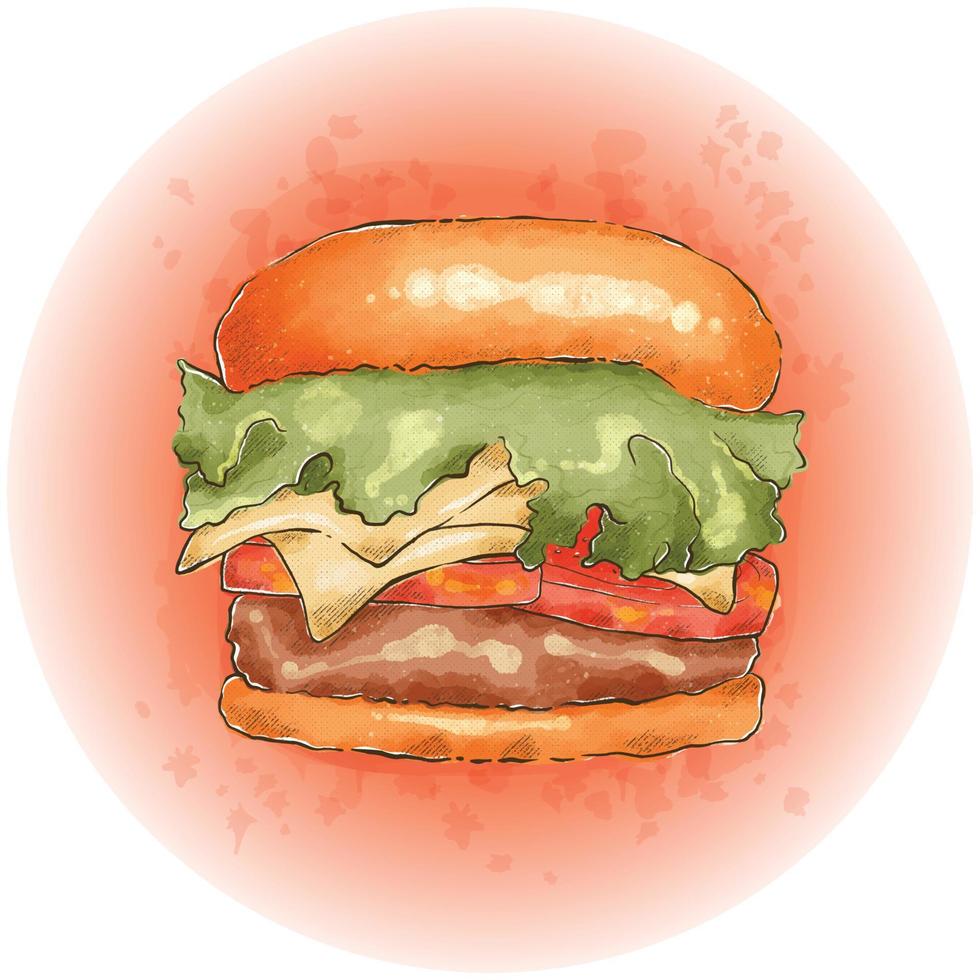 Watercolor Hamburger with Meat, Cheese, Lettuce and Tomatoes Graphics 06 vector
