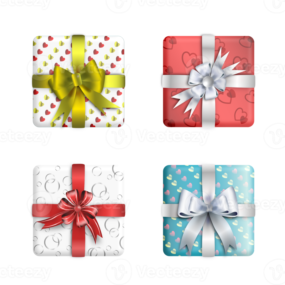 Premium Red golden blue white gift box with ribbon and bow top view love new year party package design png