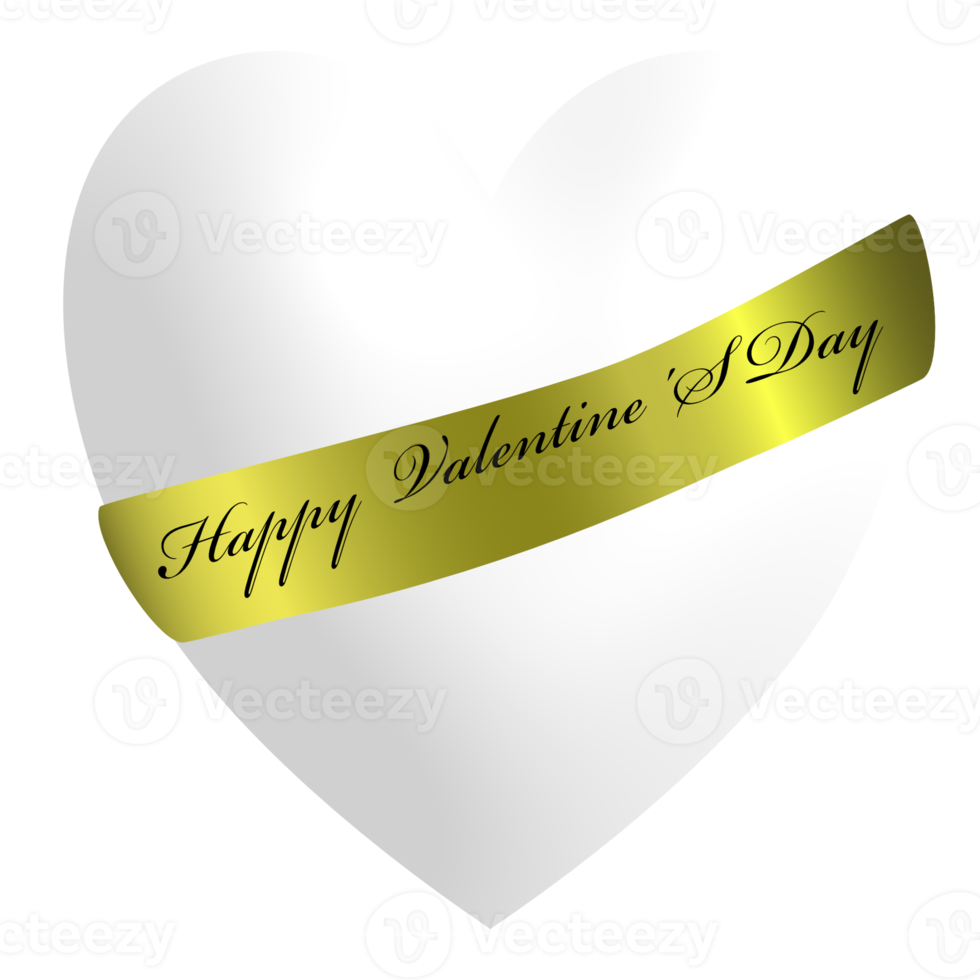 forma de corazón blanco 3d premium con texto feliz día de san valentín con cinta dorada transparente png