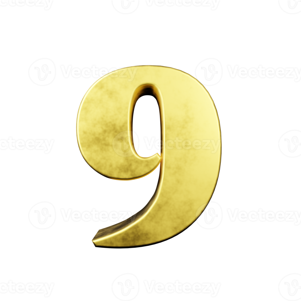 gold text effect number  9. 3d render png