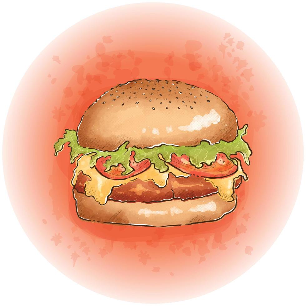 Watercolor Hamburger with Meat, Cheese, Lettuce and Tomatoes Graphics 03 vector