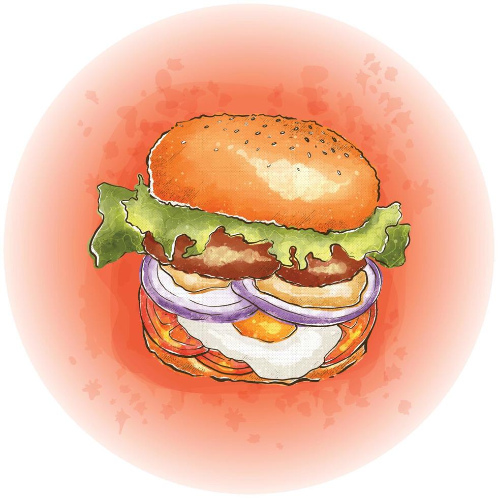 Watercolor Hamburger with Meat, Cheese, Lettuce and Tomatoes Graphics 04 vector