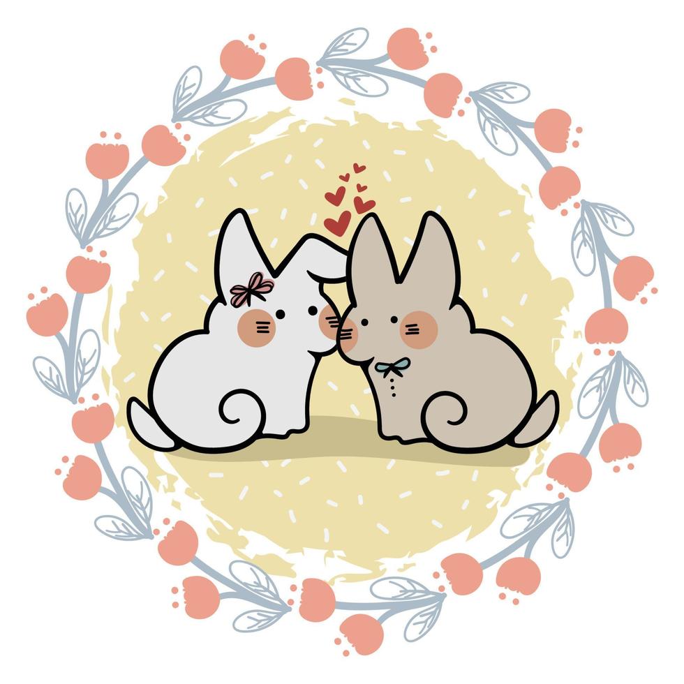 pareja de conejo con corona floral redonda romántica para la celebración del día de san valentín gráficos vectoriales 06 vector