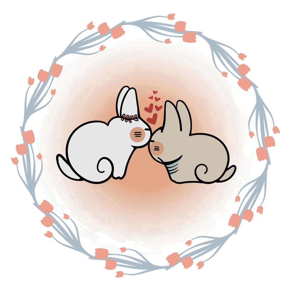pareja de conejo con corona floral redonda romántica para la celebración del día de san valentín gráficos vectoriales 04 vector