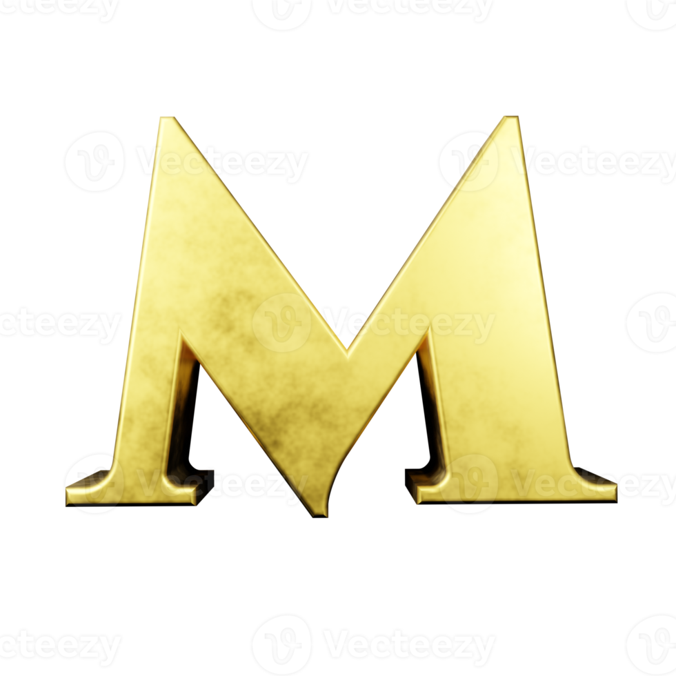 efecto de texto dorado letra m. renderizado 3d png