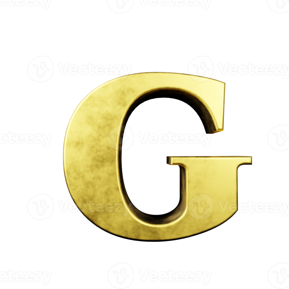 efecto de texto dorado letra g. renderizado 3d png