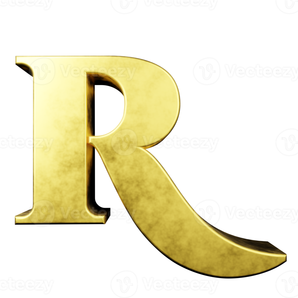 efecto de texto dorado letra r. renderizado 3d png