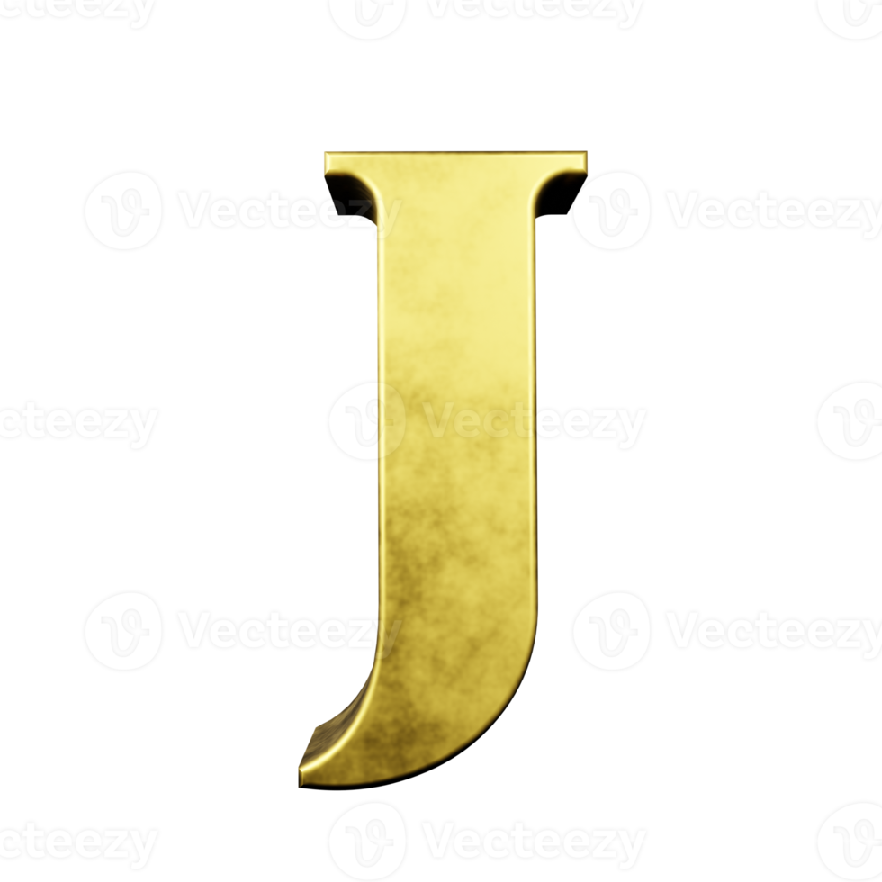 efecto de texto dorado letra j. renderizado 3d png