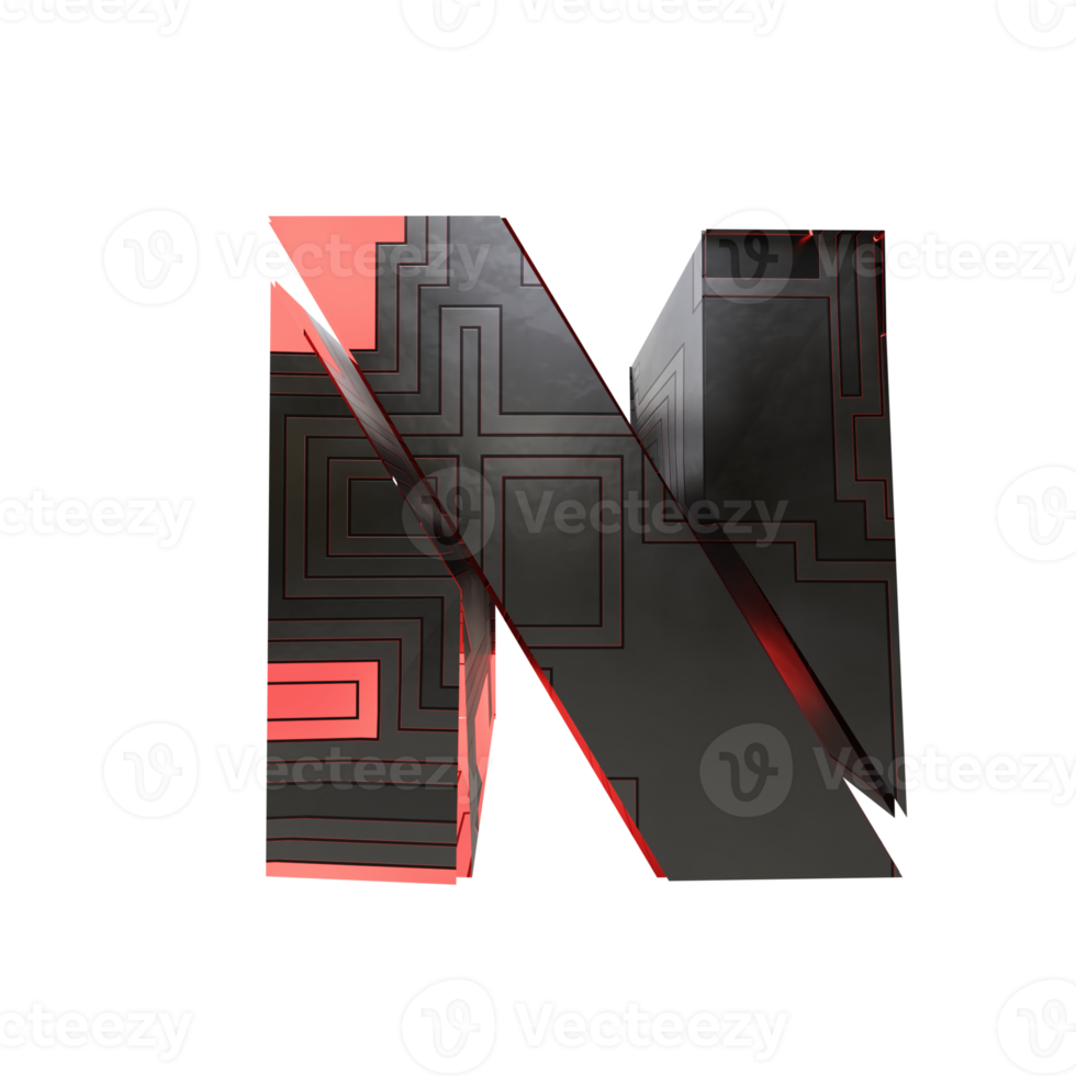 sci-fi text effect letter N. 3d render png