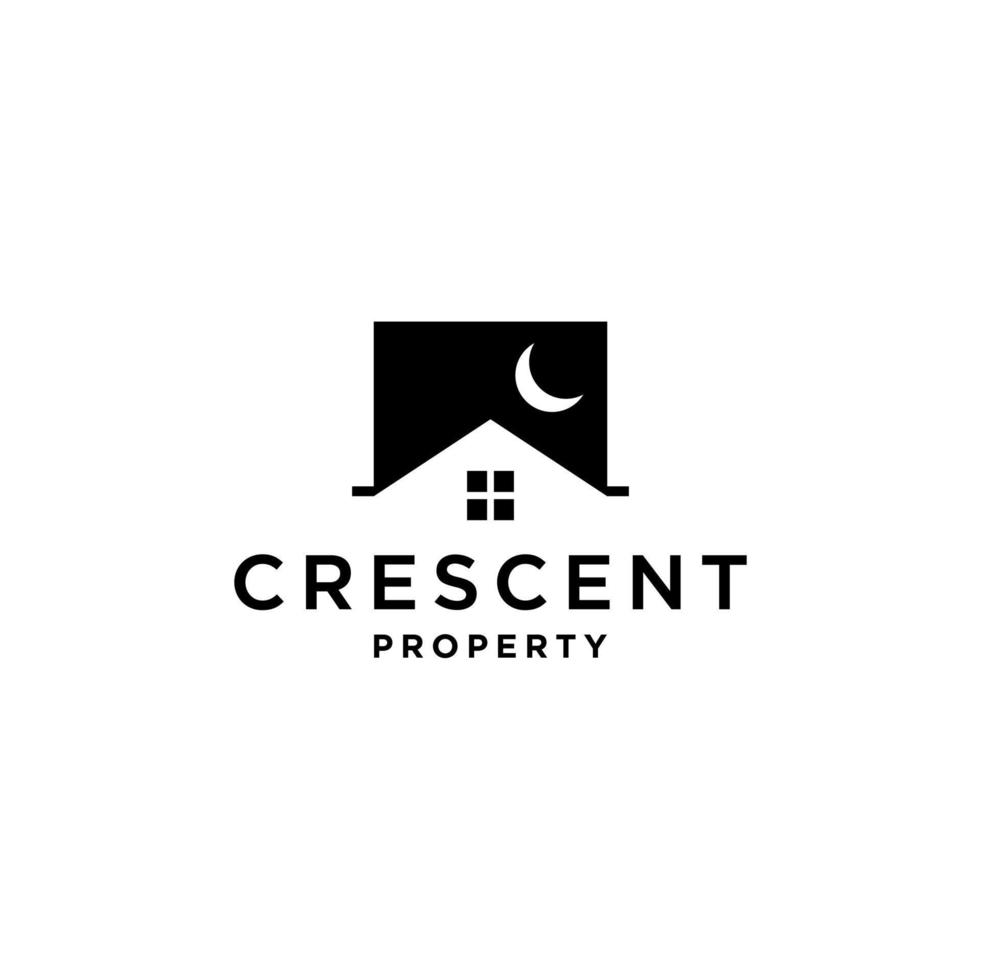 house with crescent moon logo, modern property icon symbol home building with lunar vector