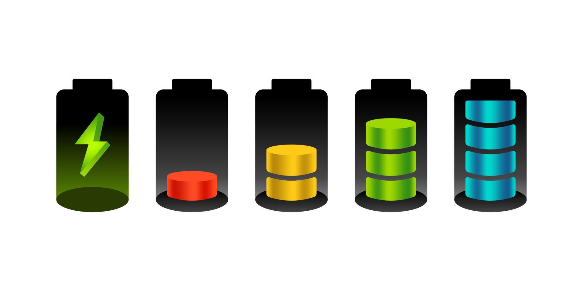Set of 3d style battery charge level indicators. realistic battery progress vector set illustration. Discharged and various level energy alkaline batteries infographic set