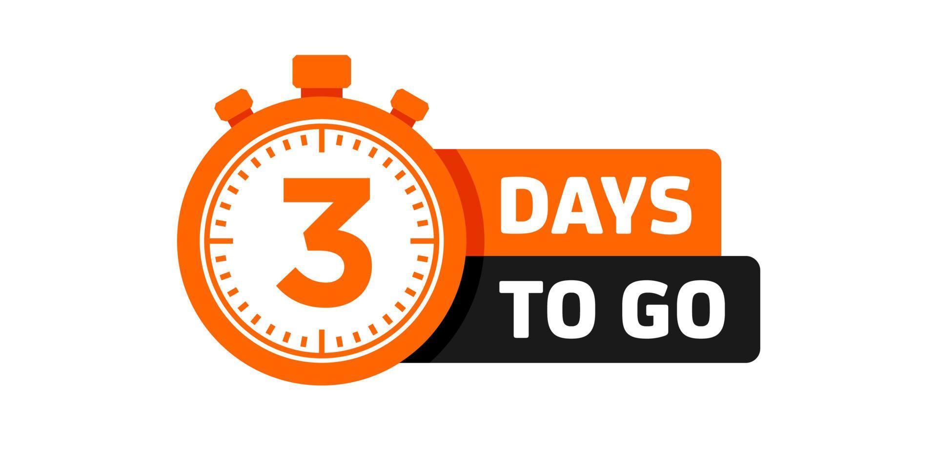 3 Day to go vector. orange and black Countdown timer design. Clock icon. Time icon. Count time sale sticker. Vector stock illustration.