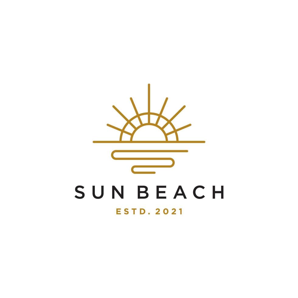 elegante hipster oro sol puesta de sol amanecer con playa océano mar agua logo icono vector en línea de moda lineal, contorno logo vector para hotel