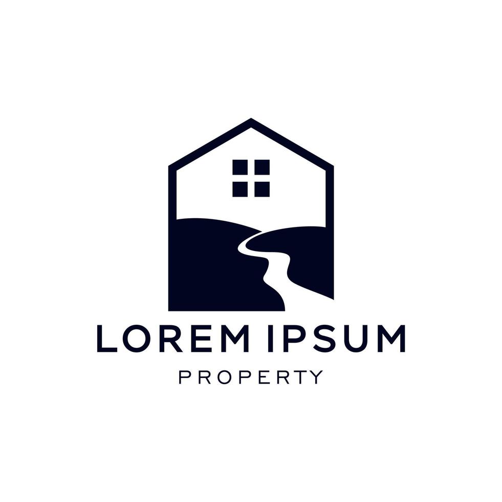 ilustración de icono de vector de logotipo de casa de río de riachuelo geométrico, diseño de logotipo de casa y agua, negocio de propiedad residencial con vista a la naturaleza
