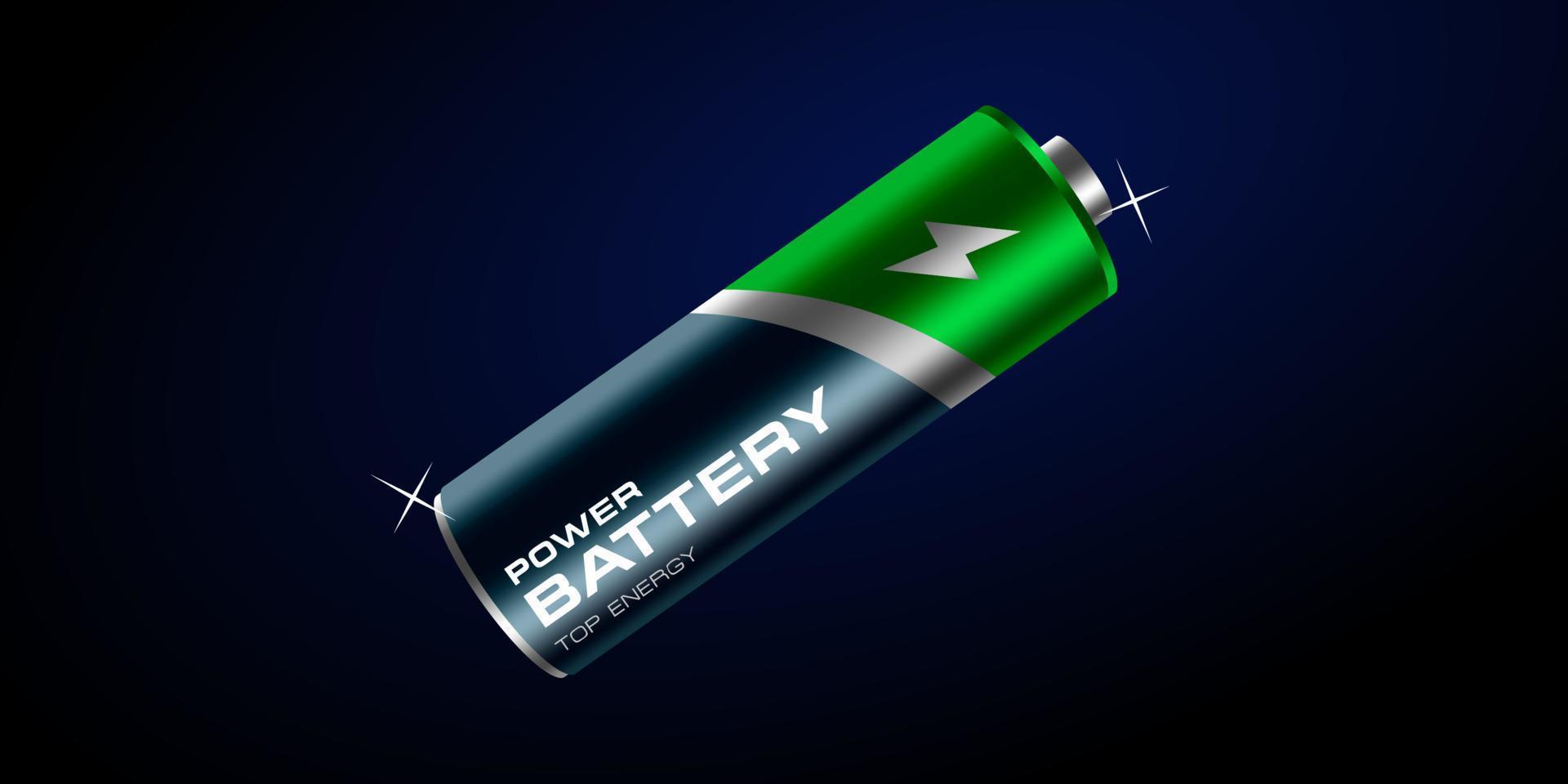 realistic 3d battery vector design illustration. 3d Li-Ion AA battery realistic image in dark blue background. Banner advertisement design for battery product.