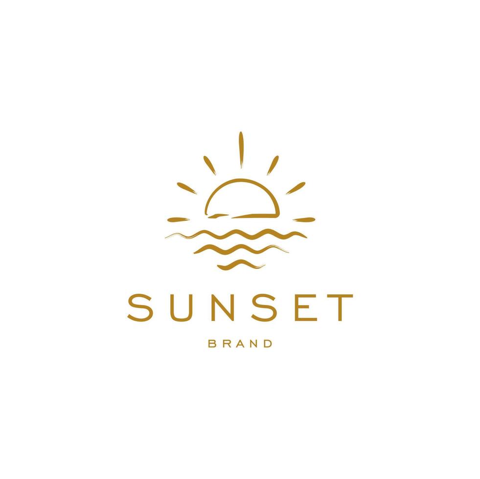 elegante hipster oro sol puesta de sol amanecer con playa océano mar agua logo icono vector en línea de moda lineal, contorno logo vector para hotel