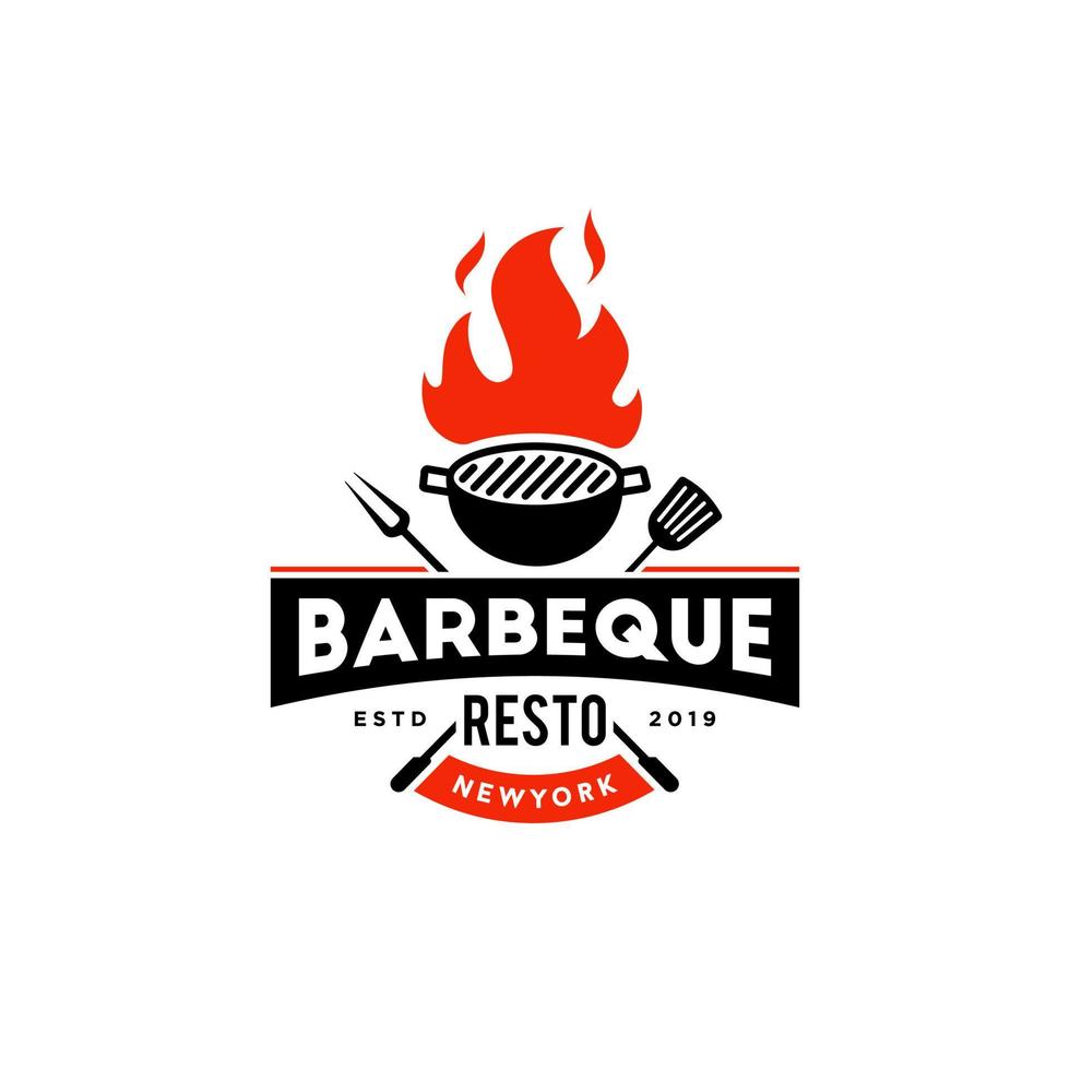 logo de barbacoa a la parrilla, barbacoa de fiesta de invitación con espátula de horquilla cruzada y diseño de llama de fuego vector