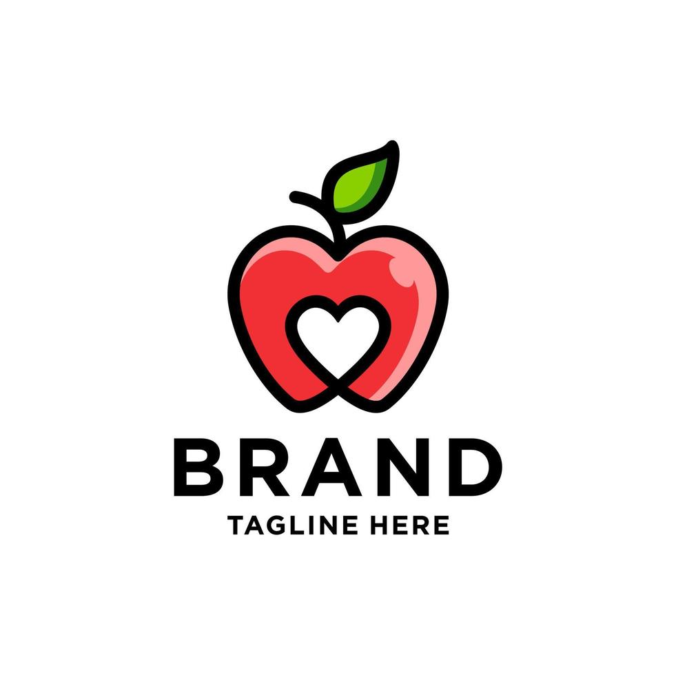 logotipo de manzana con corazón de amor dentro y diseño de icono de hoja ilustración de símbolo en estilo de línea lineal de colores de moda vector