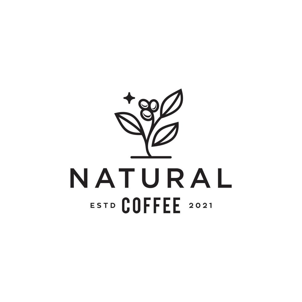 concepto de logotipo de café orgánico natural. vector de logotipo mínimo hipster de rama de planta de grano de café con icono de contorno de línea simple de hoja para el concepto de café natural.