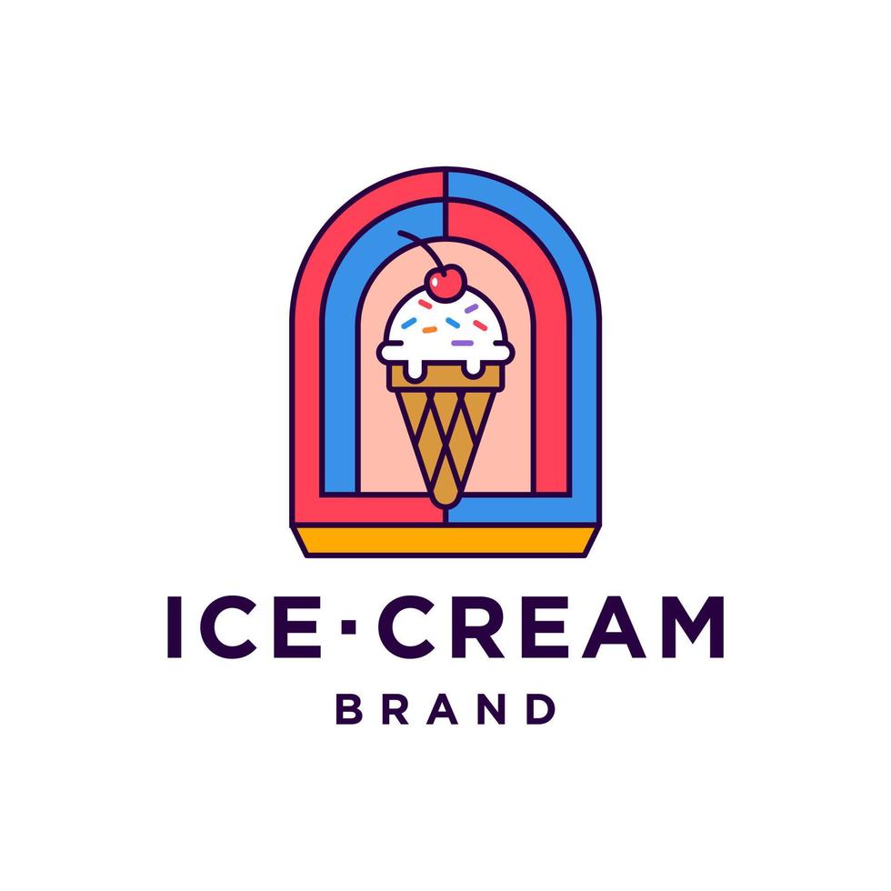icono de logotipo de hipster de insignia de cuchara de helado en estilo de línea de dibujos animados de moda vector