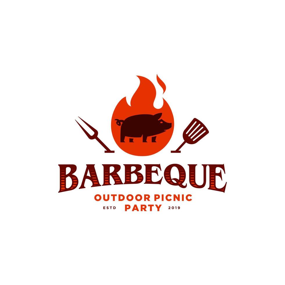 Grill Barbeque invitation party barbecue bbq with pig pork on fire flame Logo design vintage hipster vector