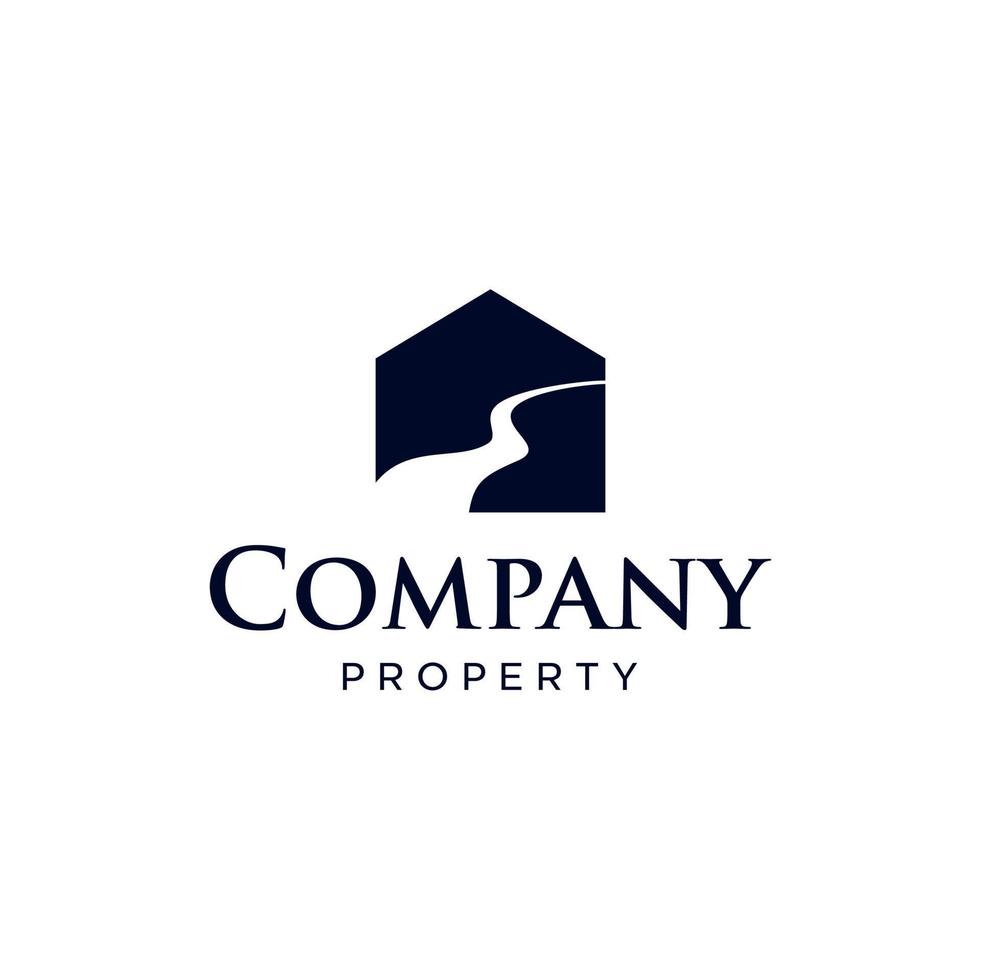 geometric creek river house logo vector icon illustration , house and water logo design, nature view residential property business