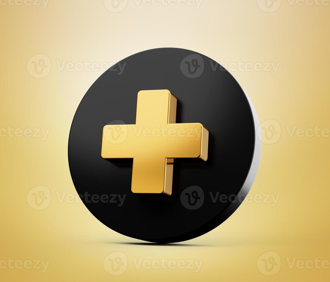 3d Gold and black circle with plus on the white background. 3d illustration photo