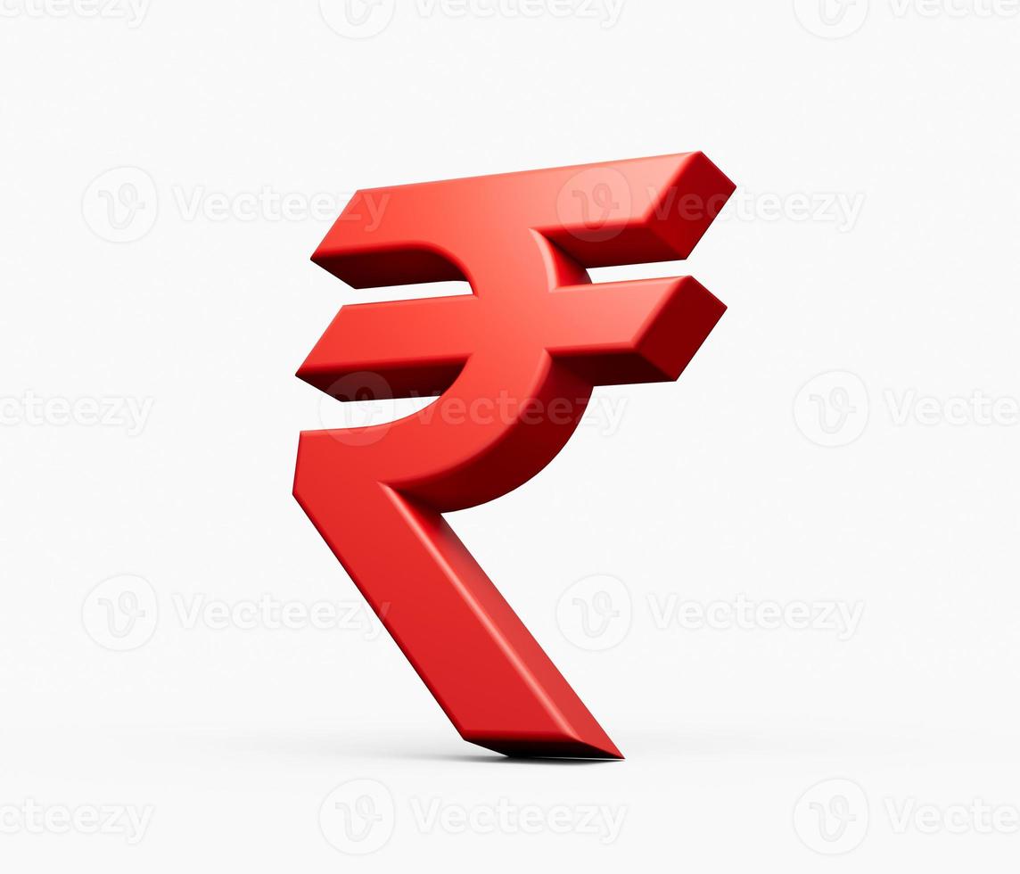 signo de rupia india roja con flecha roja y blanca hacia abajo. ilustración 3d foto